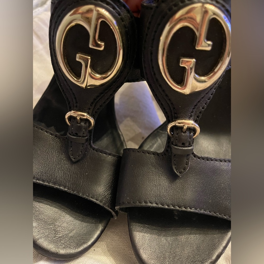 Gucci black leather heeled wooden platform clogs mule with gold logo